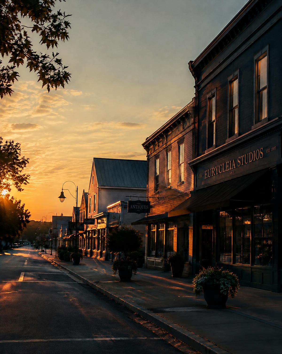 A quiet main street of independent shops at golden hour